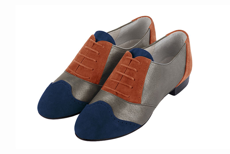 Navy blue, taupe brown and terracotta orange women's fashion lace-up shoes.. Front view - Florence KOOIJMAN